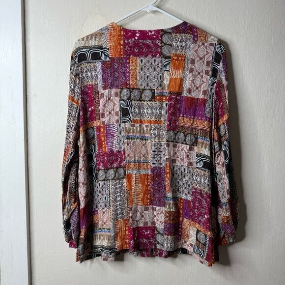 Vintage Islander Patchwork Button Front Boho Long Sleeve Blouse - Picture 4 of 5